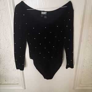 DKNY Black Long Sleeve Bodysuit with Rhinestone Studs